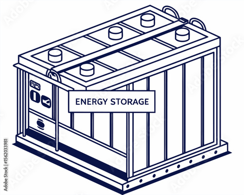 Electricity storage station with modular battery banks and grid connection process in an isolated isometric vector illustration on a white background.