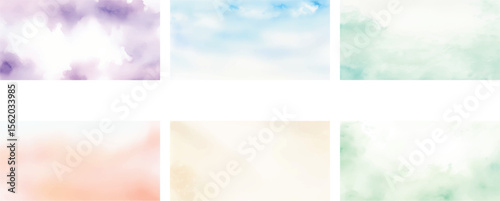 Pastel Watercolor Background Pack of 6 – Soft Hand-Painted Textures in Mint Green, Peach Blush, Lavender, Sky Blue, Cream Beige, and Light Green – Ideal for Modern Print, Packaging, and Web Design
