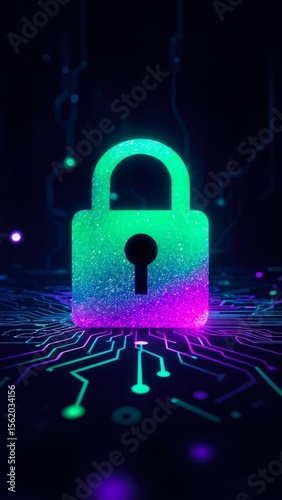 A glowing padlock symbol on a digital circuit background. The padlock is gradient green to purple, representing cybersecurity and data protection.