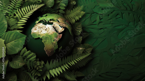 Earth surrounded by lush green foliage, showcasing vibrant paper cutout style. This evokes sense of harmony with nature
