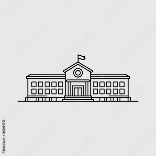 Minimalist line art illustration of a school building facade  
