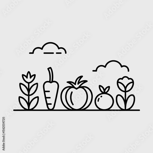Minimalist line art depicting vegetables and flowers in a garden  