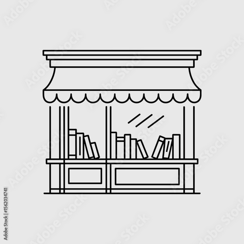 Minimalist line art bookshop window display with stacked books  