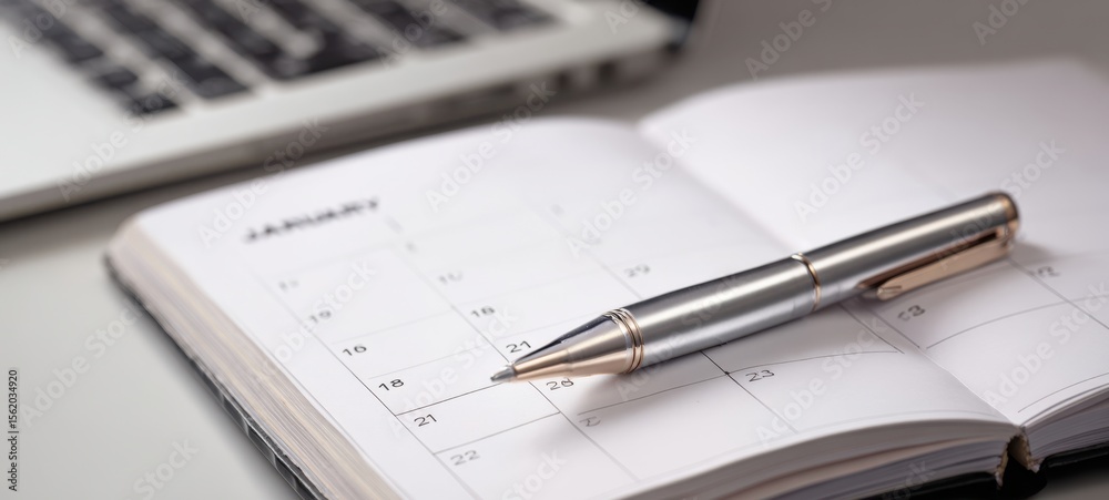 The elegant pen resting on a calendar page in a modern workspace. The elegant pen resting on a calendar page in a modern workspace.