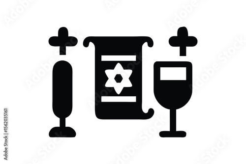 Symbolic Jewish Seder elements: Torah scroll, Kiddush cup, and candlesticks; solemn, minimalist black and white graphic design.