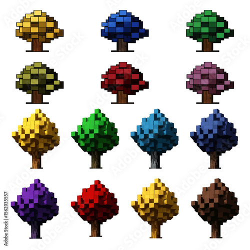 Pixel art tree in vibrant retro game style geometric fantasy design.