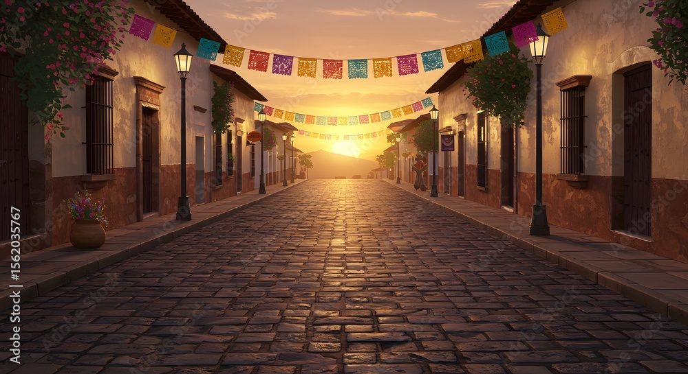 Fototapeta premium Sunset Serenade: Cobblestone Street in a Festive Latin American Village