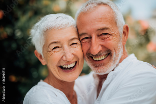 elderly couple close up faces smiling at camera hugging