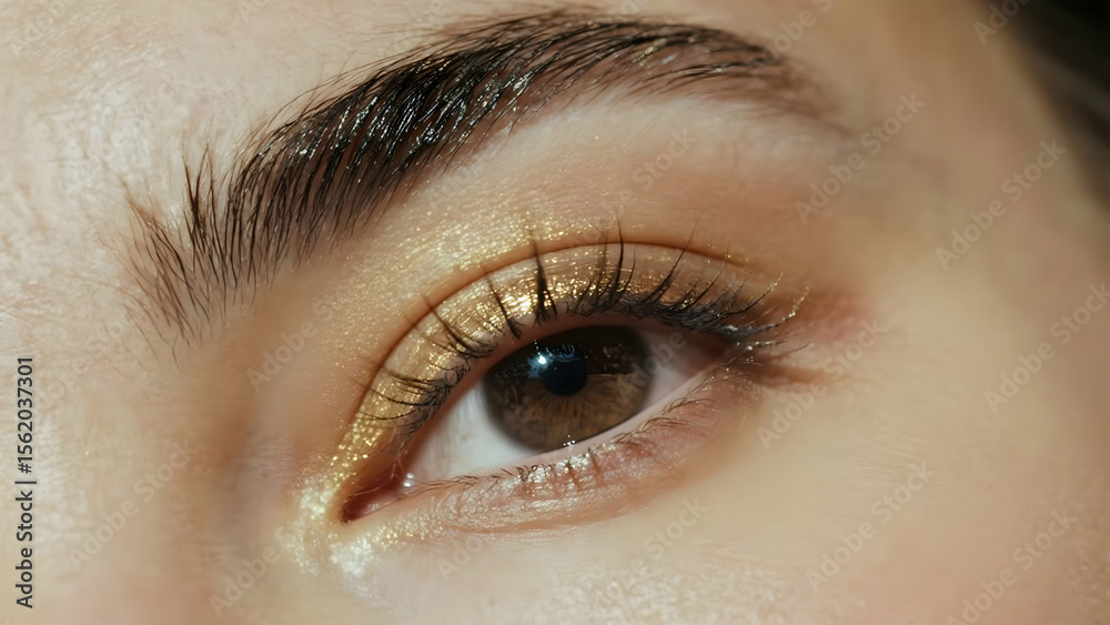 Obraz premium Close-Up of a Brown Eye with Golden Eyeshadow and Natural Eyebrow Detail