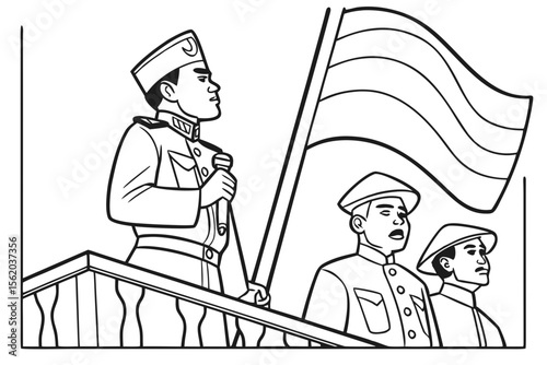 line art for coloring page, Indonesian heroes, proclamation of independence, black and white, bold outlines