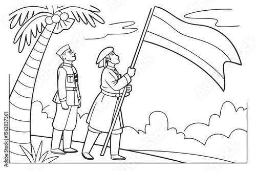 line art for coloring page, Indonesian heroes, proclamation of independence, black and white, bold outlines