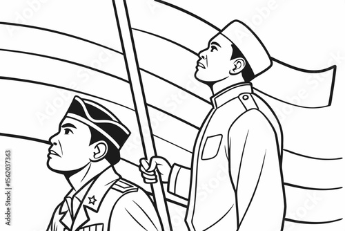 line art for coloring page, Indonesian heroes, proclamation of independence, black and white, bold outlines
