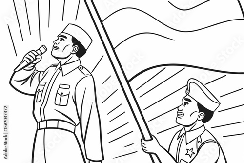 line art for coloring page, Indonesian heroes, proclamation of independence, black and white, bold outlines