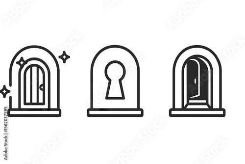 Illustrated black door icons with keyhole and open door symbol on grey background vector icon isolated illustration