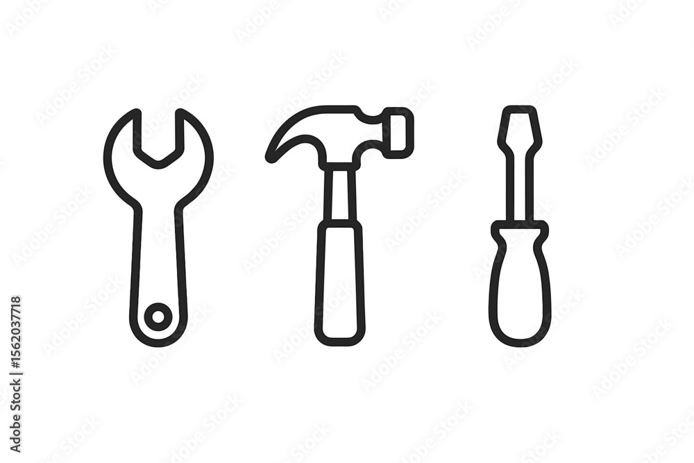 Black silhouette tool icons on gray: wrench, hammer, screwdriver vector icon isolated illustration Black silhouette tool icons on gray: wrench, hammer, screwdriver vector icon isolated illustration