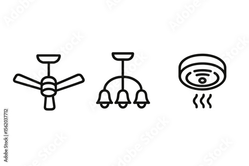Black outline icons of ceiling fan, chandelier, and smoke detector on green background vector icon isolated illustration