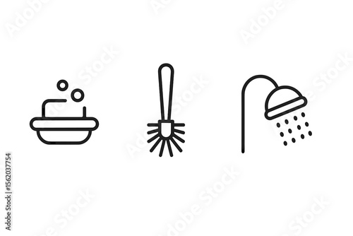 Cleaning symbols set: soap, brush, shower on grey background vector icon isolated illustration