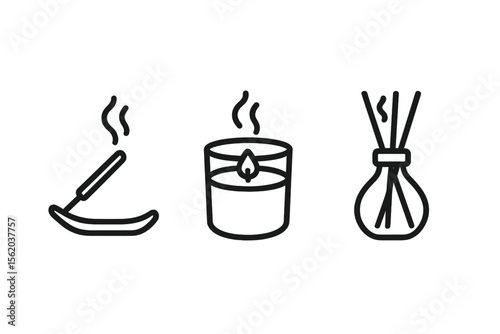 Aromatherapy symbols: incense, candle, diffuser on dark background vector icon isolated illustration