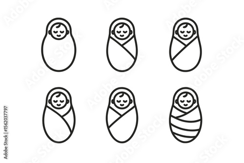 Cute baby icons in swaddle blanket - minimalist black and white design vector icon isolated illustration