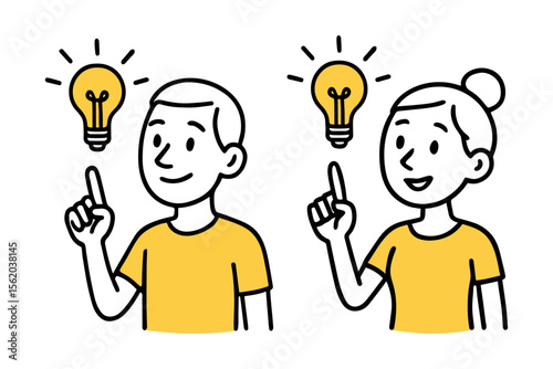 Man And Woman with Lightbulb Above Head. Character Pointing Lightbulb, Idea Concepts. Hand-Drawn Vector Illustration
