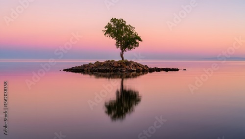 Solitary Tree on Pink Island in Calm Lake at Sunset 
