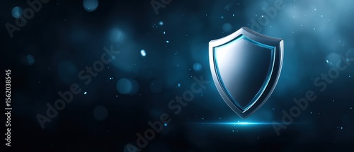 A glowing metallic shield symbolizing protection and security, set against a dark blue background with light particles floating around.