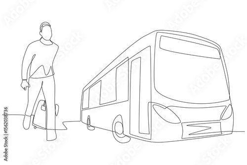 A man who continues his journey by transiting by bus. Travel in transit concept one-line drawing