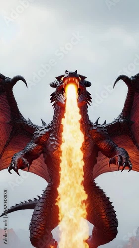 Fantasy dragon breathing fire over volcanic landscape
