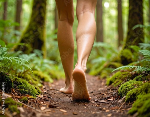 Bare feet walking on a forest path, emphasizing a connection with nature and grounding.