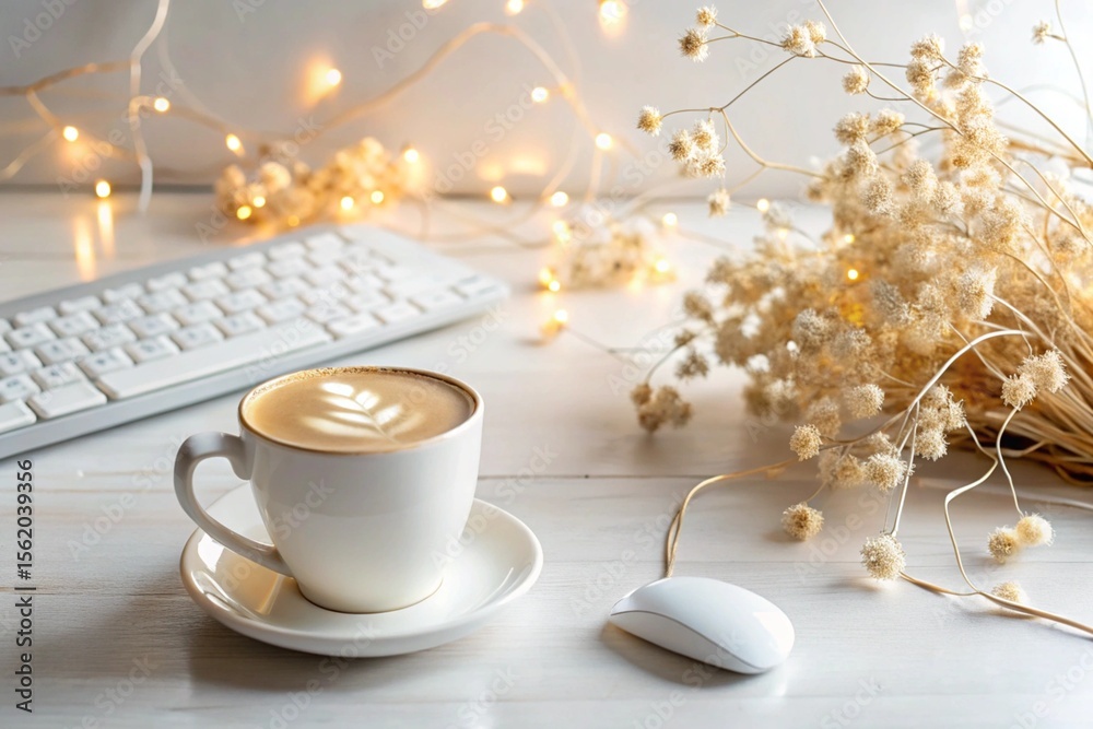 Fototapeta premium A warm cup of latte art coffee sits on a white wooden desk next to a keyboard and mouse, surrounded by soft warm fairy lights and dried flowers
