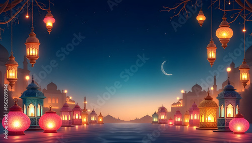Eid-themed background with glowing lanterns and night sky.