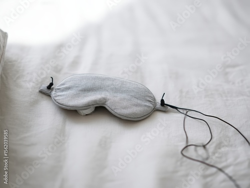 A sleek, minimalist sleep mask lies on a soft bed. It features embedded EEG sensors designed to monitor brain activity during sleep, promoting better rest and overall relaxation