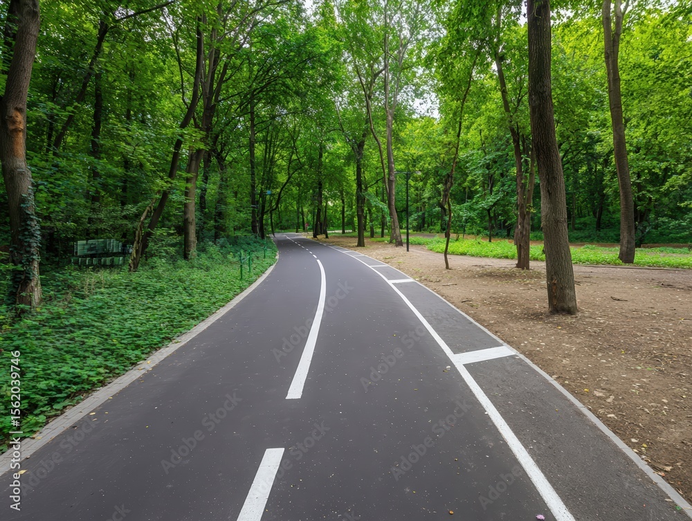 Obraz premium A modern cycling path meanders through a vibrant forest filled with tall trees and greenery. The well-maintained trail invites cyclists to enjoy a peaceful ride in nature