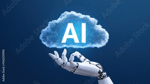 Robotic hand holding a digital AI cloud with binary code on a dark blue background.