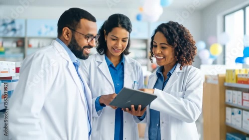 Diverse Team of Pharmacists Collaborating With Tablet in Bright Pharmacy Aisle Wearing White Coats With Blue Shirts Professional and Cheerful Mood
