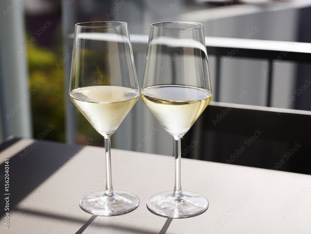 Two elegant wine glasses sit on a modern table, filled with chilled white wine. Bright daylight casts soft shadows, creating a tranquil atmosphere perfect for relaxation Two elegant wine glasses sit on a modern table, filled with chilled white wine. Bright daylight casts soft shadows, creating a tranquil atmosphere perfect for relaxation