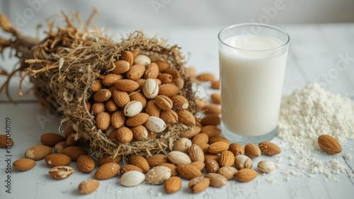 Almond Goodness:  Nutritious Blanched Almonds, Milk & Flour on White Table