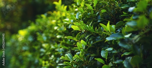 The vibrant greenery of a lush hedge glistening in sunlight.