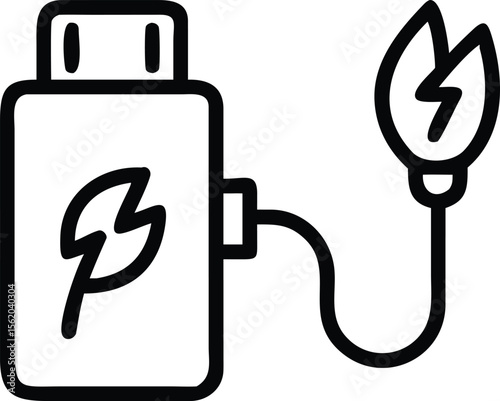 Outline drawing of energy with leaf symbol, ecofriendly plug icon