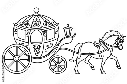 coloring book page, a beautiful and ornate royal carriage pulled by two horses, detailed patterns on the carriage, black and white line art, clean lines, no color, isolated on a white background