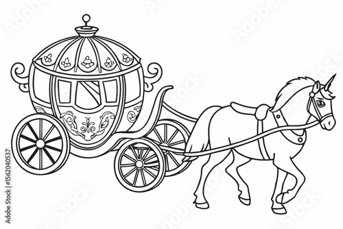 coloring book page, a beautiful and ornate royal carriage pulled by two horses, detailed patterns on the carriage, black and white line art, clean lines, no color, isolated on a white background