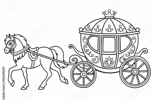 coloring book page, a beautiful and ornate royal carriage pulled by two horses, detailed patterns on the carriage, black and white line art, clean lines, no color, isolated on a white background