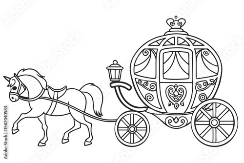 coloring book page, a beautiful and ornate royal carriage pulled by two horses, detailed patterns on the carriage, black and white line art, clean lines, no color, isolated on a white background