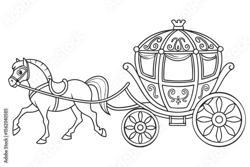 coloring book page, a beautiful and ornate royal carriage pulled by two horses, detailed patterns on the carriage, black and white line art, clean lines, no color, isolated on a white background