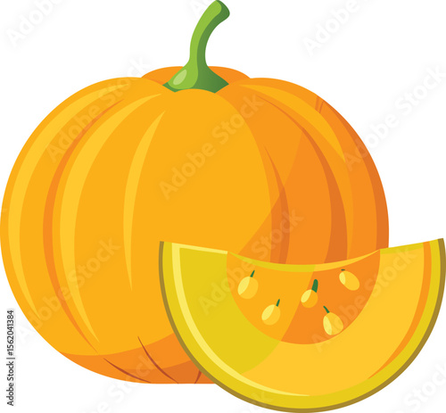 Vibrant orange cantaloupe melon with a slice showing seeds and green stem