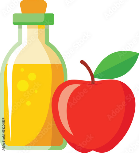 Red apple and bottle of yellow liquid with green accents