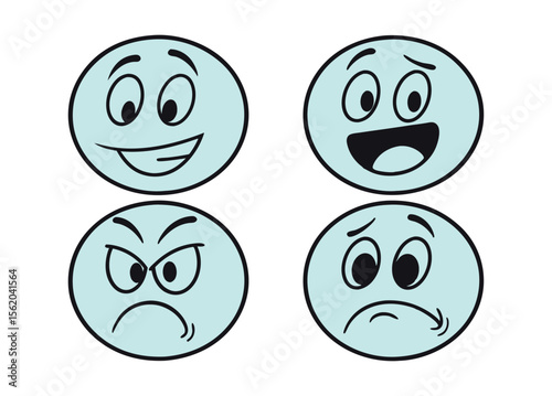 Four Cartoon Faces Displaying Different Emotions Happy Excited Angry and Sad.
