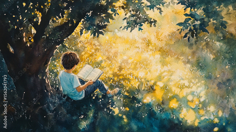 Fototapeta premium Boy reads book under sunlit tree