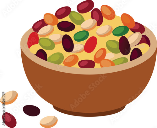 A colorful assortment of beans piled high in a rustic wooden bowl