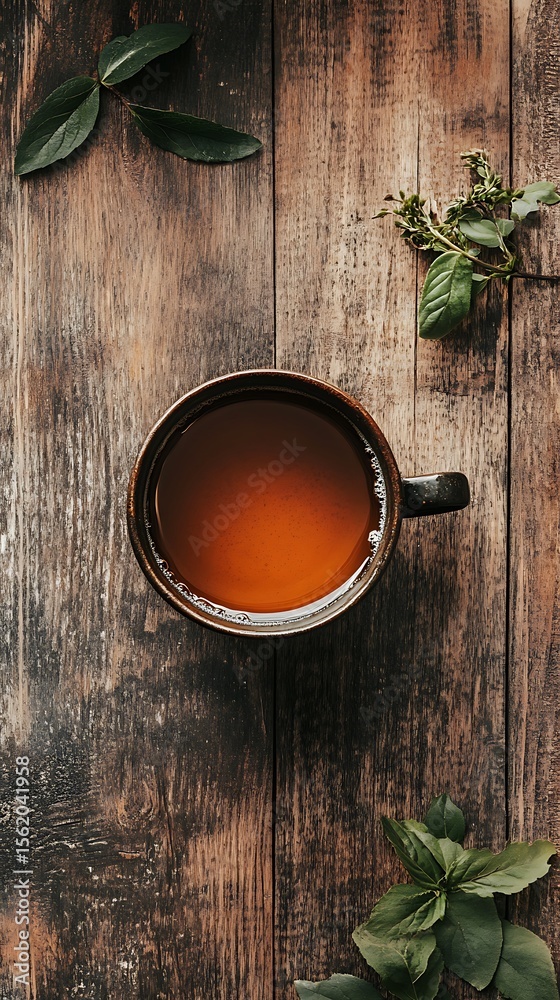 Fototapeta premium Dark Ceramic Mug of Tea with Green Leaves on a Rustic Wooden Surface
